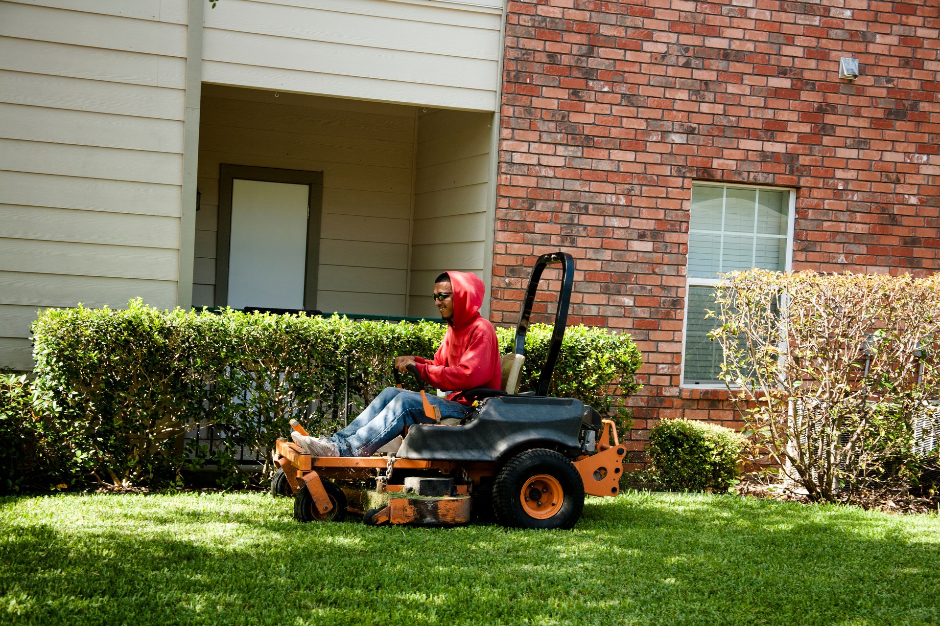 Working class.  Man mows lawn using industrial lawn mower.